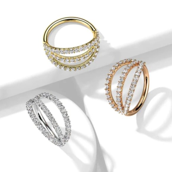 14K Gold Plated Triple Lined Nose Ring Nose Hoop Nose Piercing Micro Set CZ - Picture 1 of 5